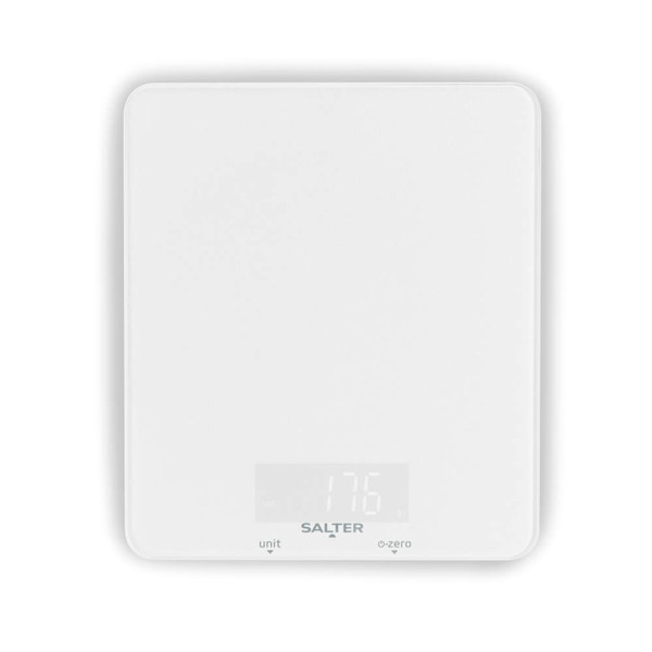 White digital kitchen scale with LCD display, showing 176 grams