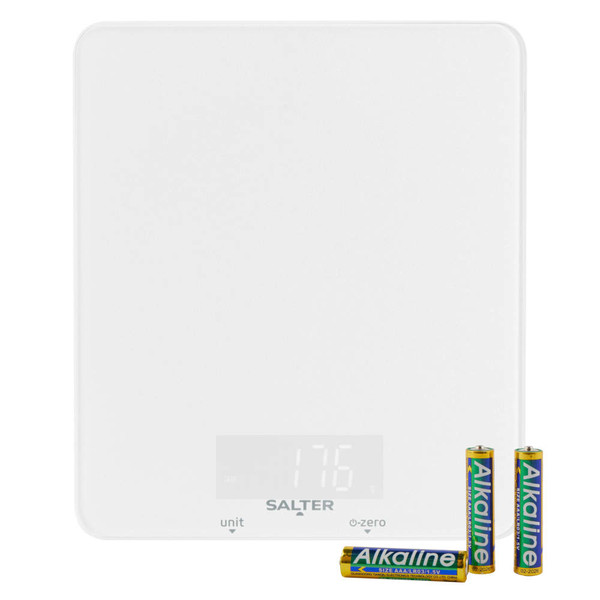 White digital kitchen scale with batteries shown