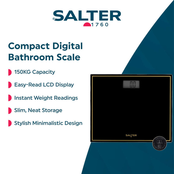 Black and gold digital bathroom scale with LCD display, shown from above.