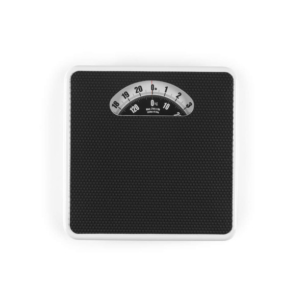 Mechanical bathroom scale, black with white trim, top view