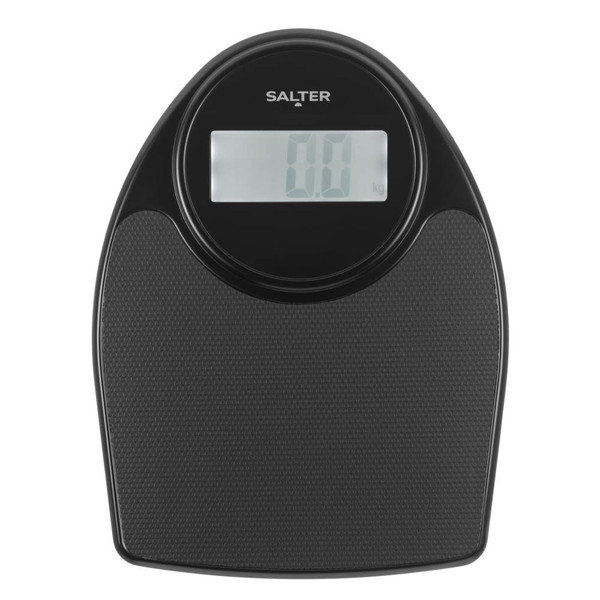 Black digital bathroom scale with large LCD display, top view.