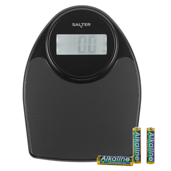 Black digital bathroom scale with large display, shown with three AAA batteries included.