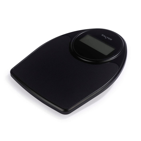 Black digital bathroom scale with large LCD display, top view.