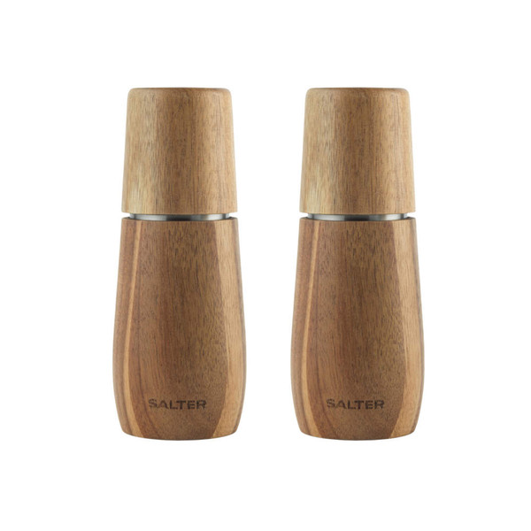 Set of two wooden salt and pepper grinders with Salter branding, shown upright.