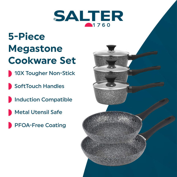 Black speckled non-stick cookware set shown in a modern kitchen, includes frying pans and saucepans with lids.