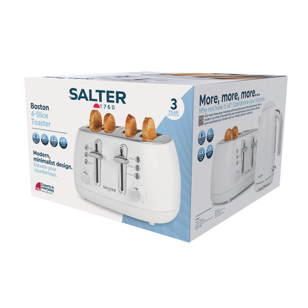 Salter Boston 4-slice white toaster packaging with image of toaster and toast