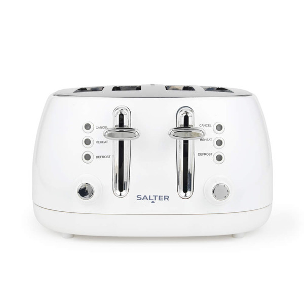 Four-slice white Salter toaster with cancel, reheat and defrost buttons, front view
