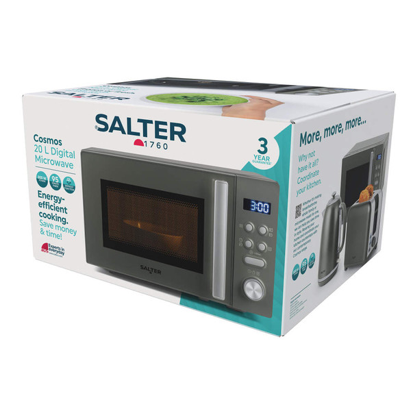 Salter Cosmos 20L digital microwave in silver packaging, shows product and energy-saving features