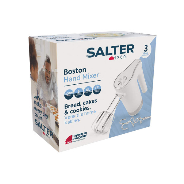 Salter Boston hand mixer in white, 300W, shown in retail box with accessories.