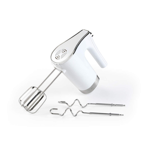 White electric hand mixer with beaters and dough hooks, shown on a plain background