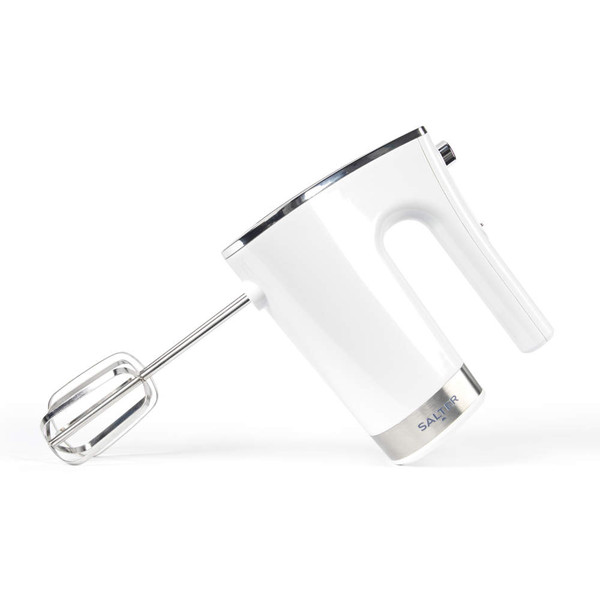 White handheld electric mixer with chrome detail and beater, side view