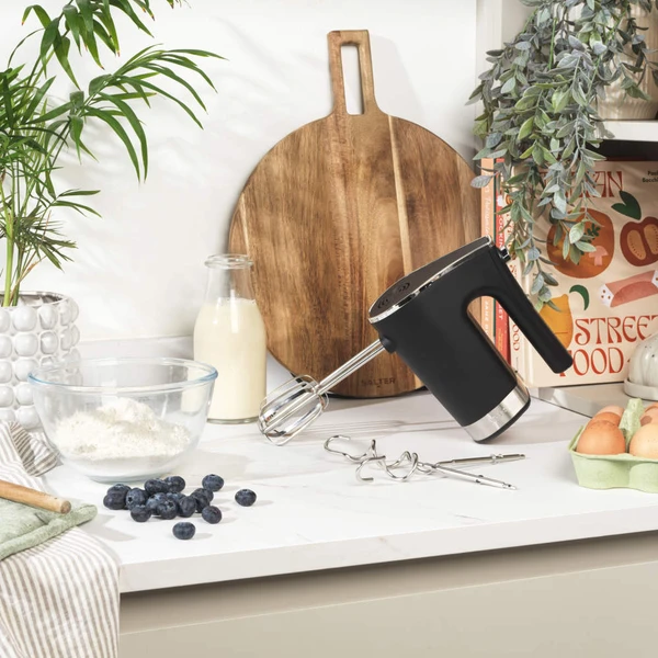 Black electric wine opener with silver buttons, angled view, Salter branding visible