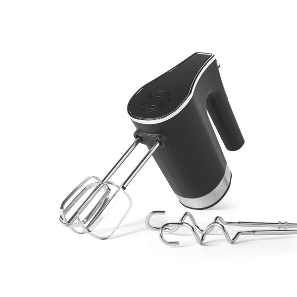 Black electric hand mixer with chrome accents, two beaters attached and two dough hooks beside.