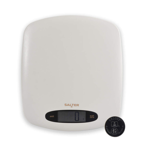 White Salter digital kitchen scale with display showing zero, top view.