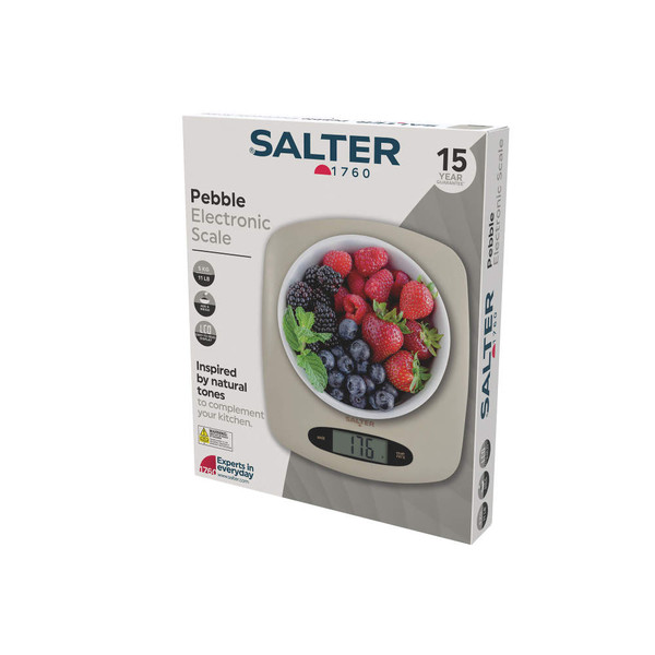 Salter Pebble electronic kitchen scale packaging showing stone colour variant