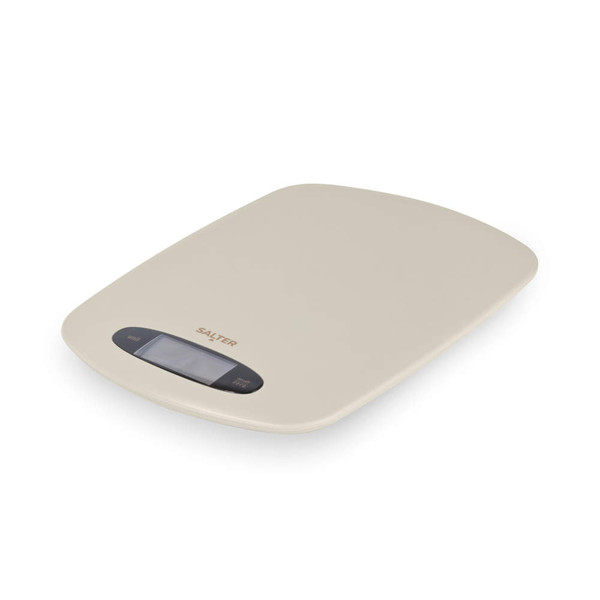 Digital kitchen scale in stone colour with bowl of mixed berries, showing weight 176g