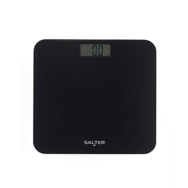 Black digital bathroom scale with Salter branding and LCD display