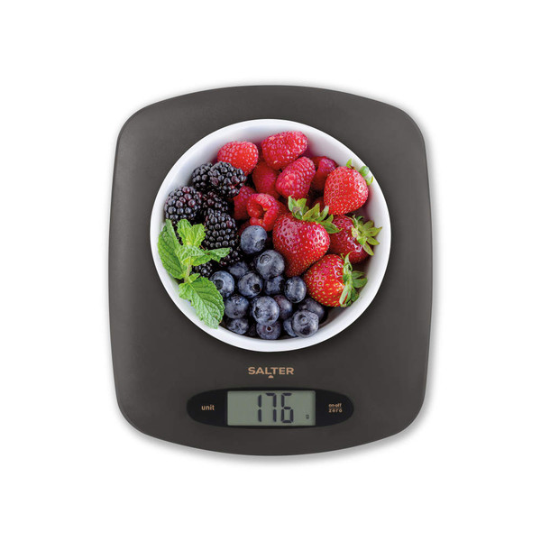 Charcoal Salter digital kitchen scale showing bowl of mixed berries on display