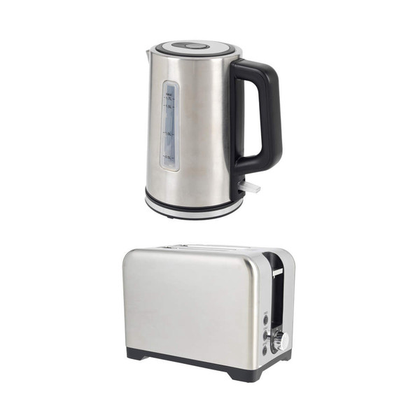 Stainless steel electric kettle and toaster set, shown side by side on white background