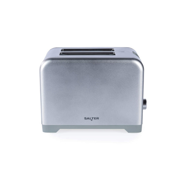 Silver 2-slice toaster, front view, with Salter logo