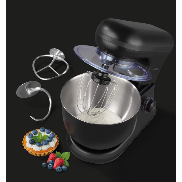 Black stand mixer with stainless steel bowl, whisk, dough hook, beater and berries tart.