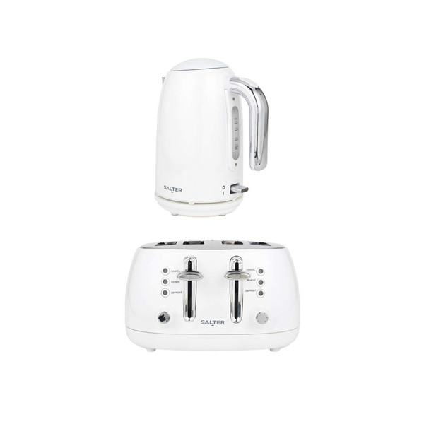White Salter electric kettle and four-slice toaster set, shown front view.
