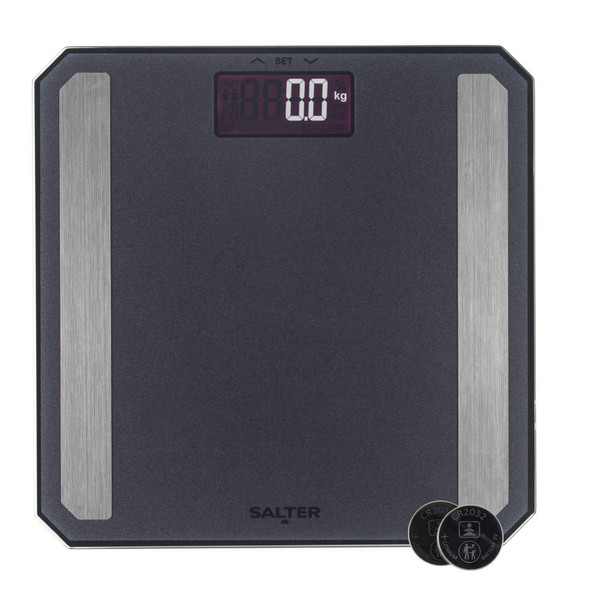Black Salter digital bathroom scale with silver metal strips and two batteries included