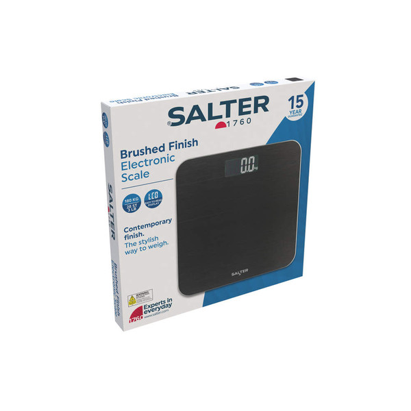 Black brushed finish electronic scale in Salter packaging, LCD display, 15 year guarantee