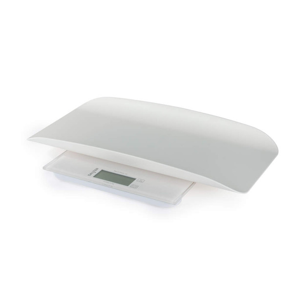 White digital baby scale with curved tray, shown on a plain background