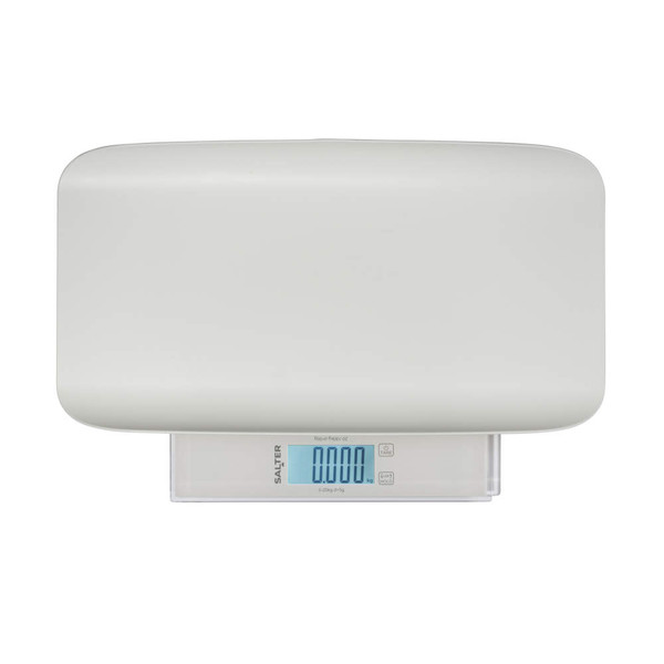 White digital baby scale with large platform and blue LCD display, viewed from above