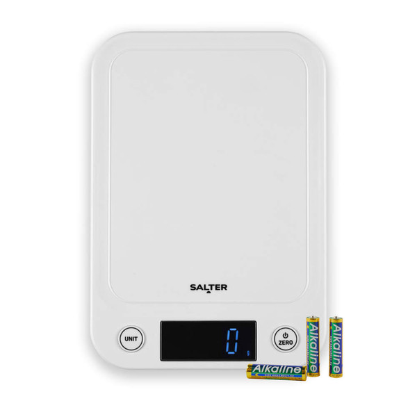 White digital kitchen scale with batteries, display shows zero grams