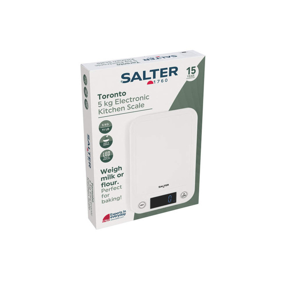 White Salter Toronto 5kg electronic kitchen scale in retail packaging, front view
