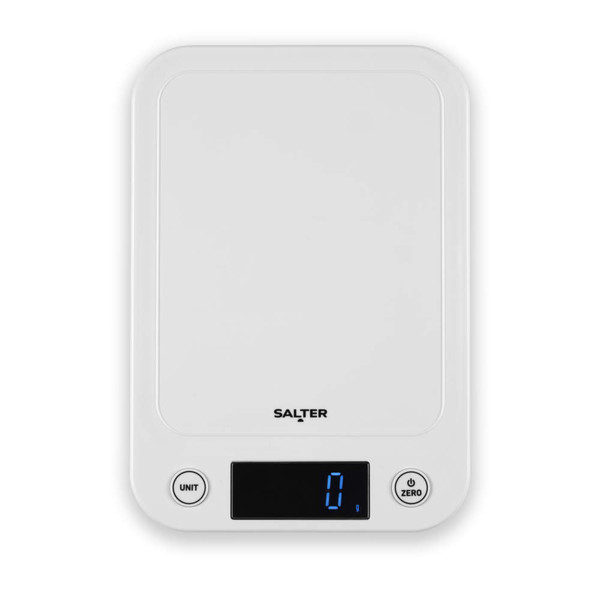 White Salter Toronto 5kg electronic kitchen scale in retail packaging, front view
