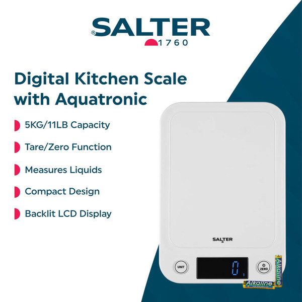 White digital kitchen scale with LCD display and Salter branding, shown angled on white background