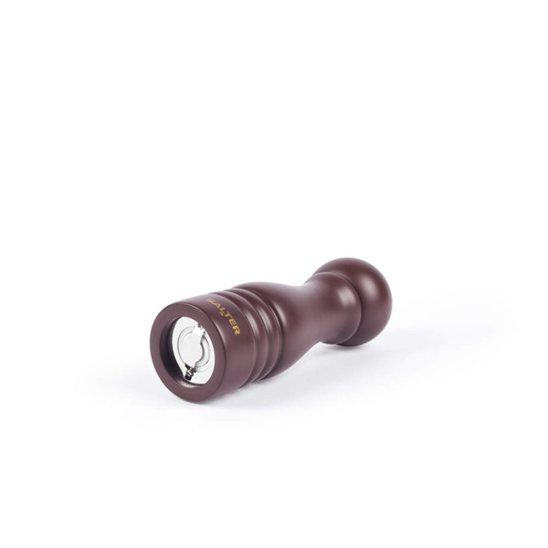 Burgundy manual pepper mill with stainless steel grinder, side angle view