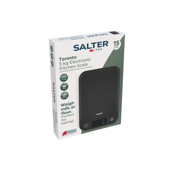 Black electronic kitchen scale in Salter packaging, 5 kg max weight, suitable for baking.