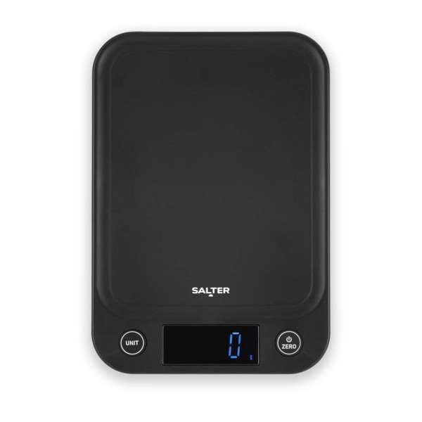 Black digital kitchen scale with Salter logo and backlit display showing zero grams