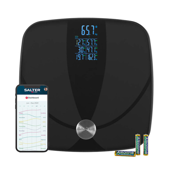 Black smart bathroom scale in retail box, Bluetooth enabled, pairs with Salter Health app