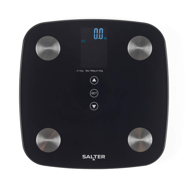 Black digital bathroom scale, square design, top view, Salter button visible.