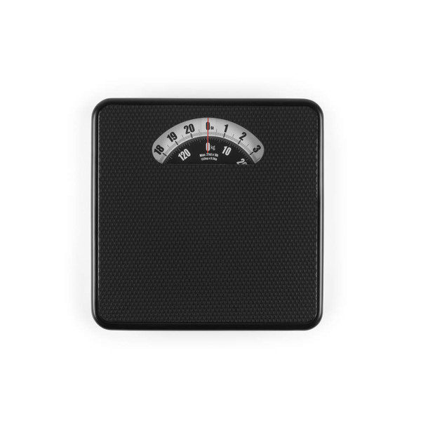 Black mechanical bathroom scale with textured surface, dial display at top.