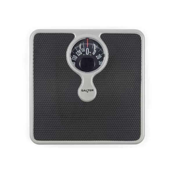 Mechanical bathroom scale with black textured platform and Salter branding