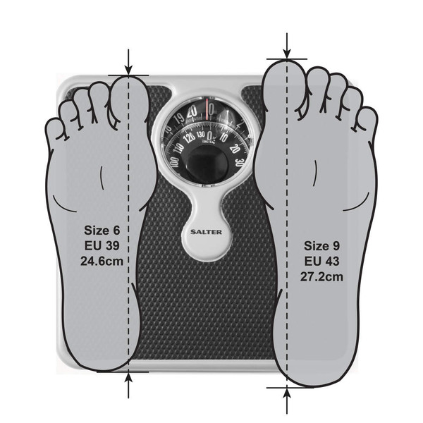 Bathroom scale with size 6 and size 9 foot outlines showing fit dimensions
