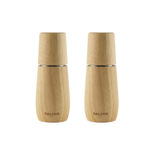 Pair of light wood Salter salt and pepper mills, upright on white background