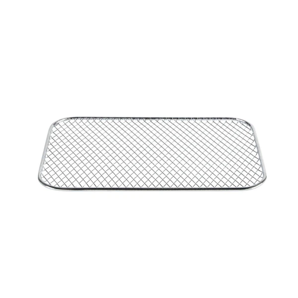 Rectangular metal cooling rack with black grid design, shown on white background
