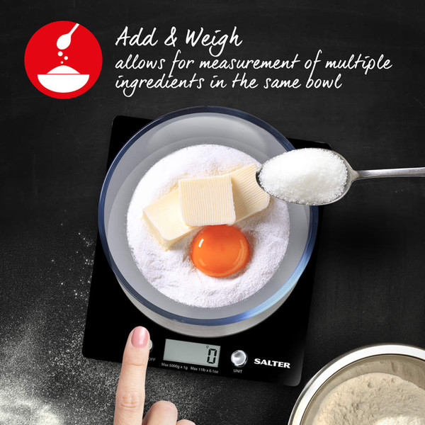 Kitchen scale measuring flour, butter and egg in bowl, showing add and weigh function.