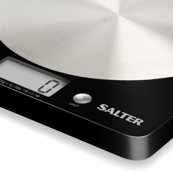 Close up of Salter digital kitchen scale showing display and buttons