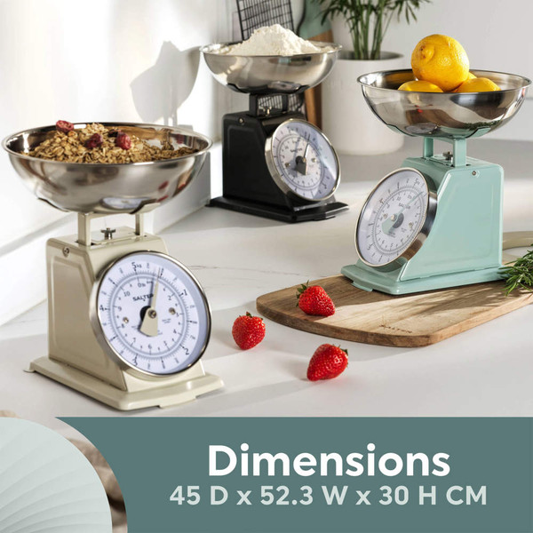 Set of three retro kitchen scales in cream, black, and pastel blue, with ingredients in bowls