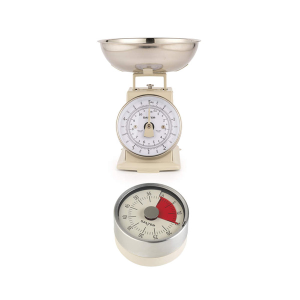 Set of Salter mechanical kitchen scales with timer, cream and silver finish