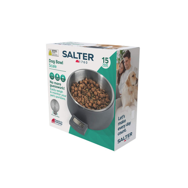 Salter dog bowl scale box showing stainless steel bowl filled with dry dog food