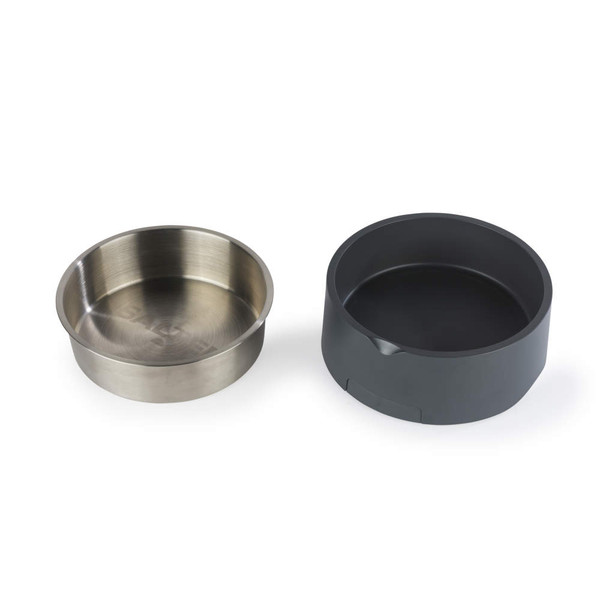 Grey plastic dog bowl base with removable stainless steel bowl, high angle view